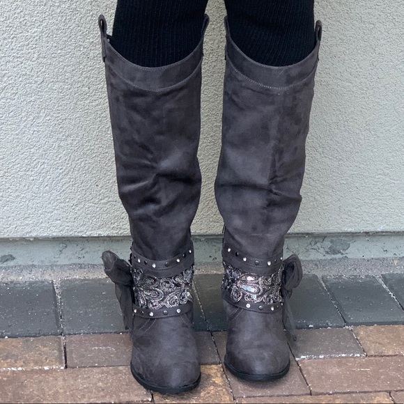 Boho Charcoal Grey Distressed Knee High Boots - Picture 8 of 8